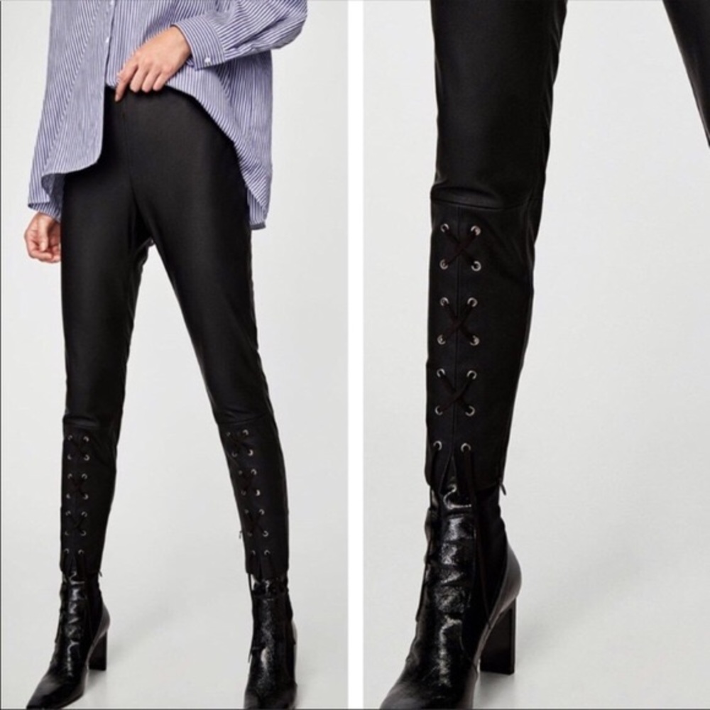 ZARA Lace Up Black Faux Leather Leggings w Eyelets